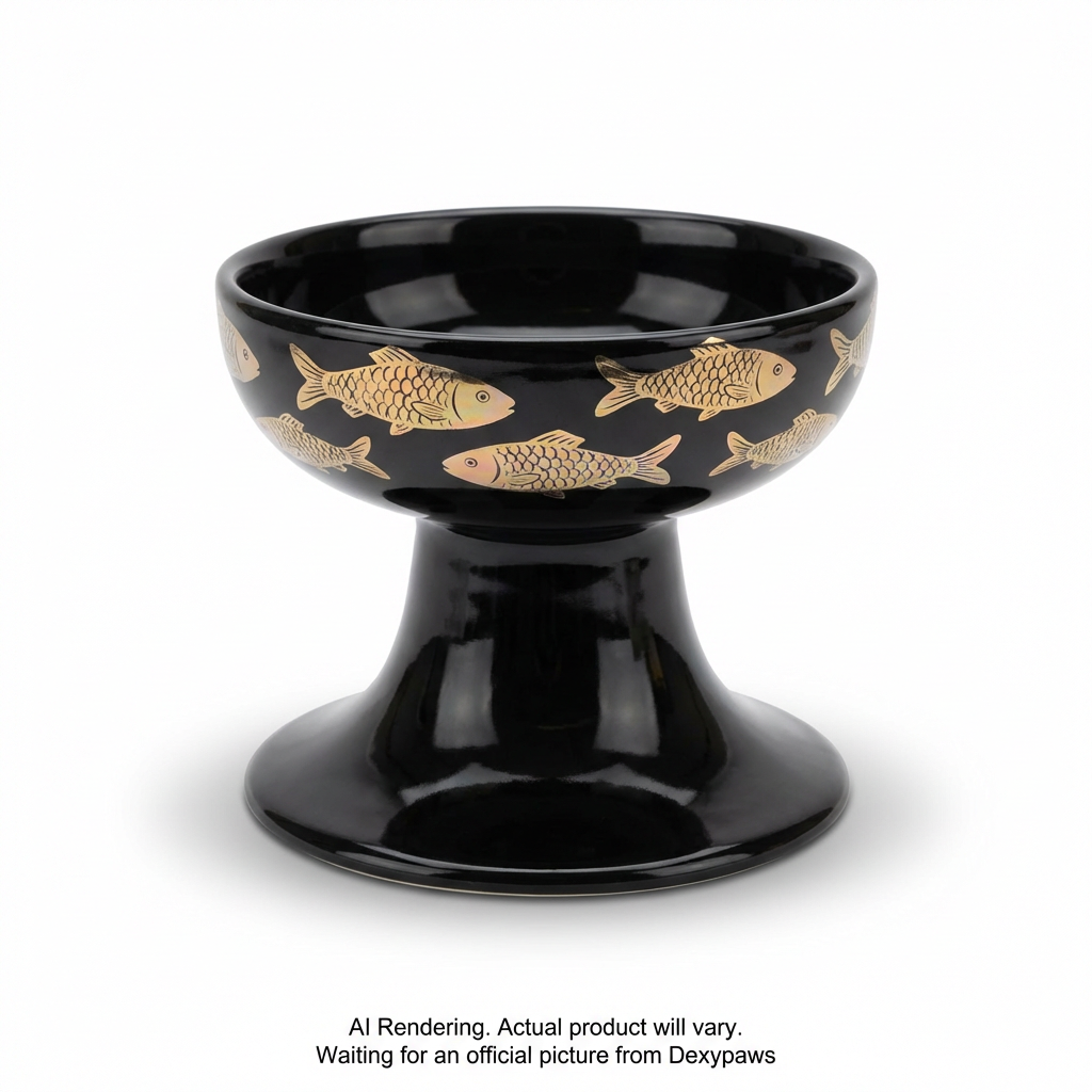 Black & Gold Fish Print Elevated Ceramic Bowl for Cats