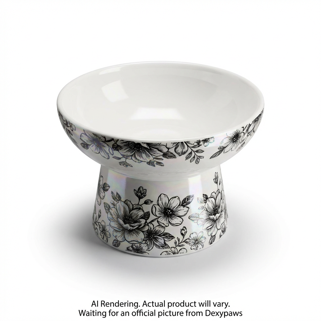 White & Black Floral Print Elevated Ceramic Bowl for Cats
