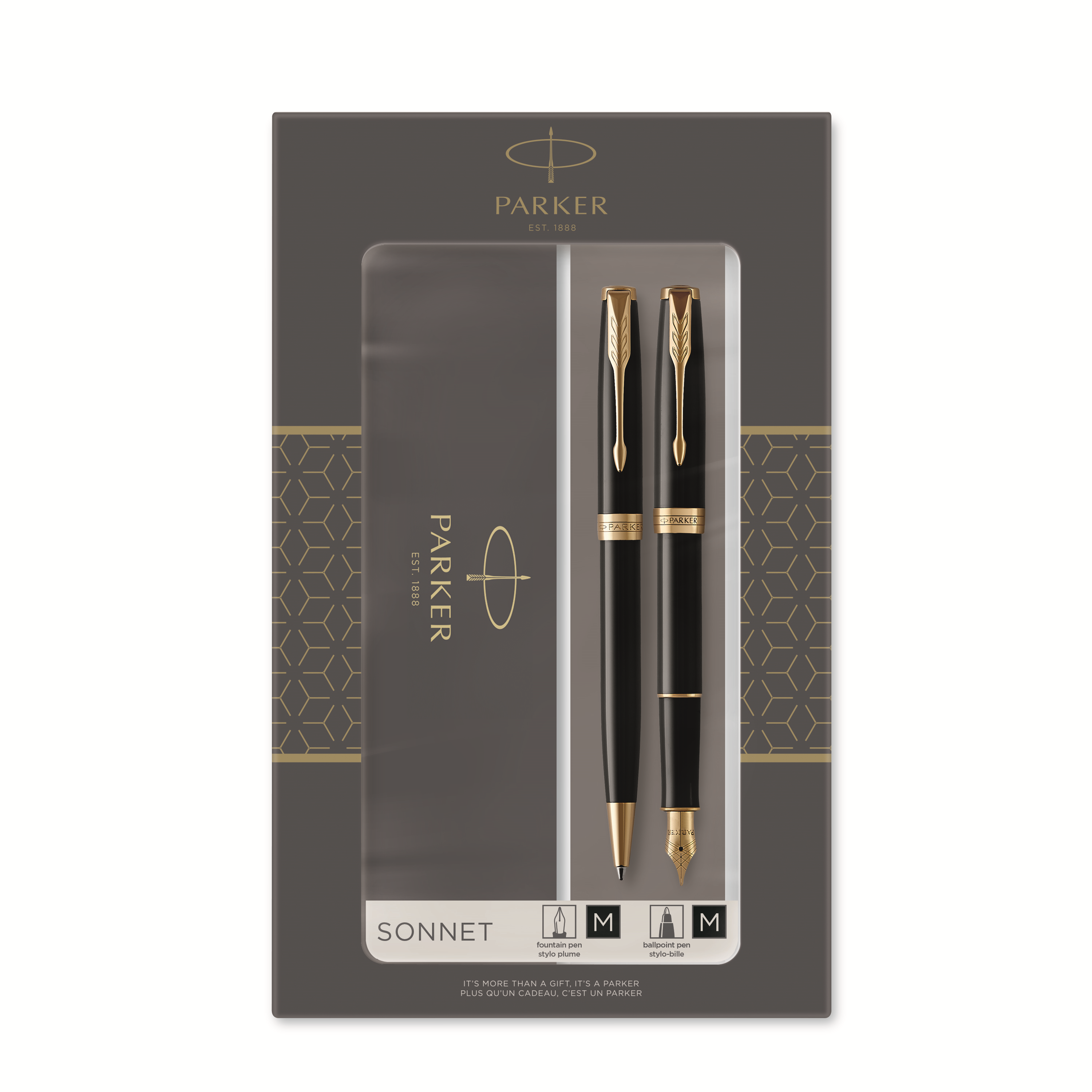 Parker Sonnet Duo Gift Set with Ballpoint Pen & Fountain Pen (18K Gold Nib) | Gloss Black with Gold Trim | Black Refill 