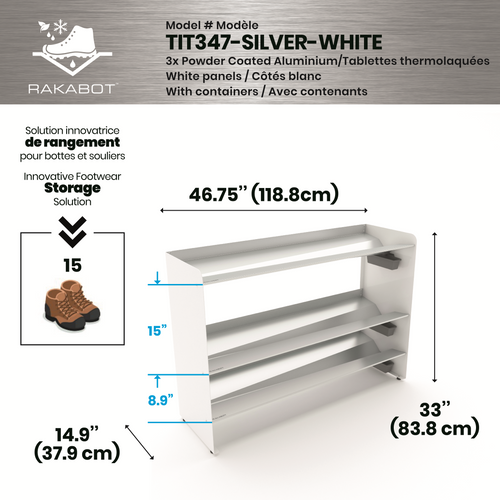 (CUSMA form attached) TITAN 2 tier Grey Shelf, White Side Panels, 47 inches wide, stores 10 pairs of footwear without th