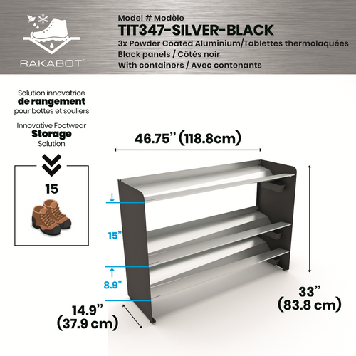 (CUSMA form attached) TITAN 3 tier Grey Shelf, 47 inches wide, stores 15 pairs of footwear without the drips