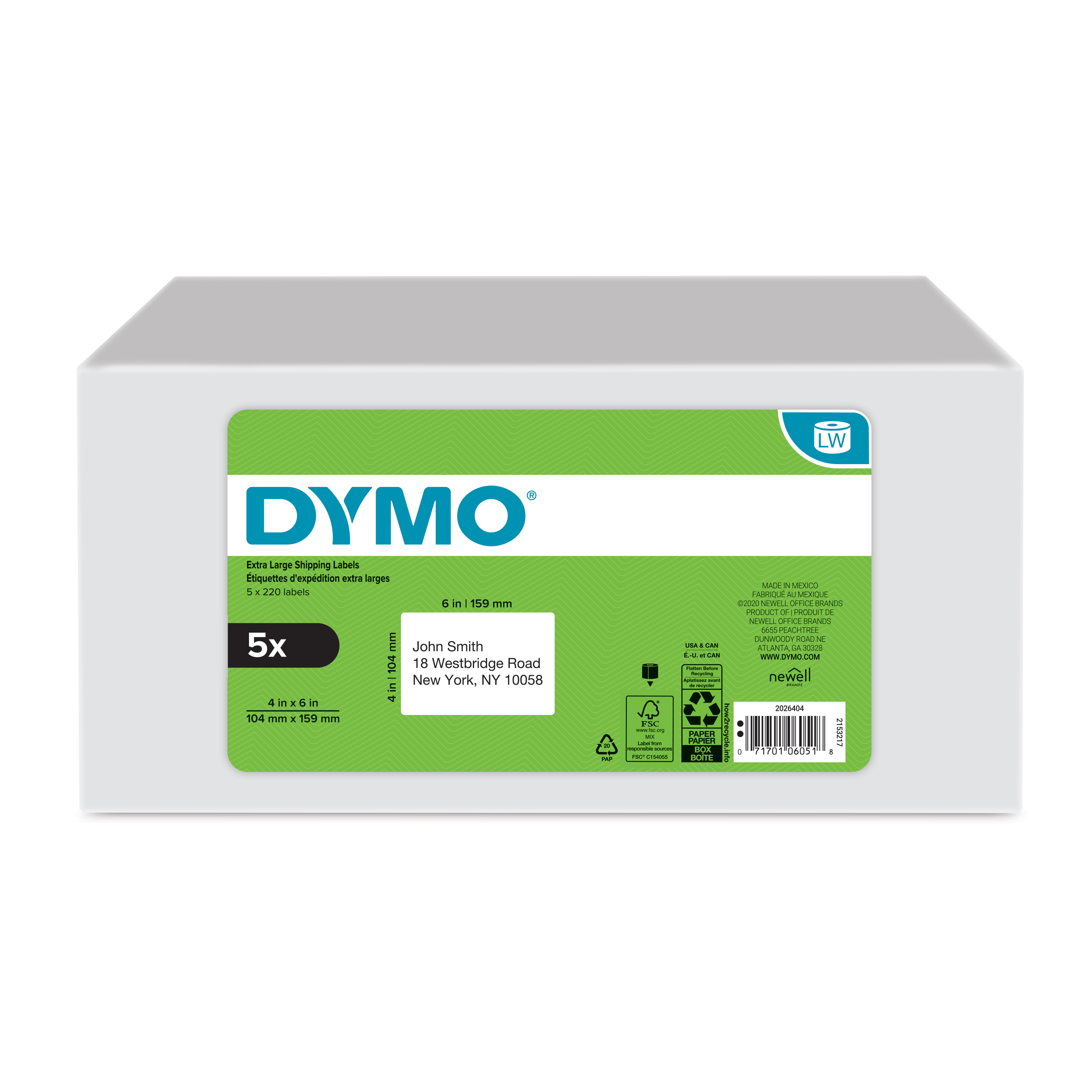 DYMO Authentic LW Extra-Large Shipping Labels for LabelWriter Label Printers, White, 4" x 6", 5 Rolls of 220 (1100 Total