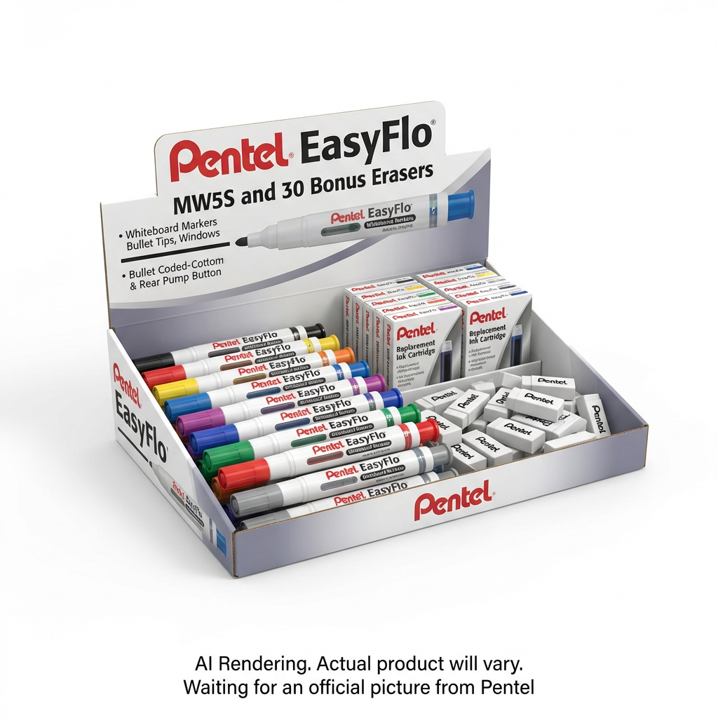 Pentel Promotional Display EasyFlo and Refills, MW5S and 30 Bonus Erasers