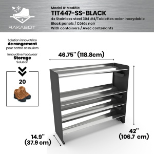 Commercial rustproof shoe and boot rack / 4 Tier / Shelf 46.25" STAINLESS / Mate black  panels / Store 20 pairs / Rakabo