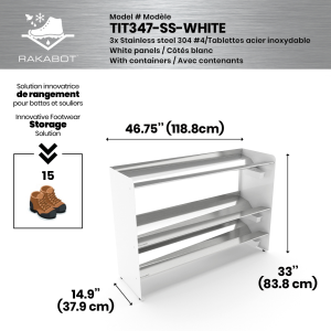 (CUSMA form attached) Commercial rustproof shoe and boot rack / 3 Tier / Shelf 46.25" stainless / Whitepanels /  Store 1