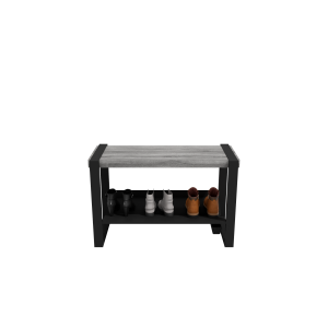 (CUSMA form attached)  Sturdy practical entryway bench / 34" wide / GREY WOLF wood stain / Black shelf & frame / Store 3