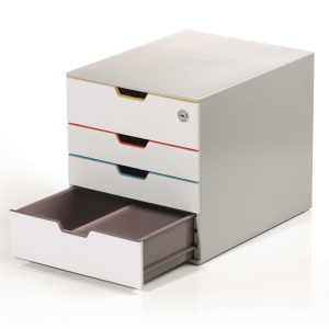 DURABLE VARICOLOR Keyed Lock Desktop Drawer Organizer, 4 Color-Coded Drawers, Stackable, Soundless, 11.5" H x 14" D x 11