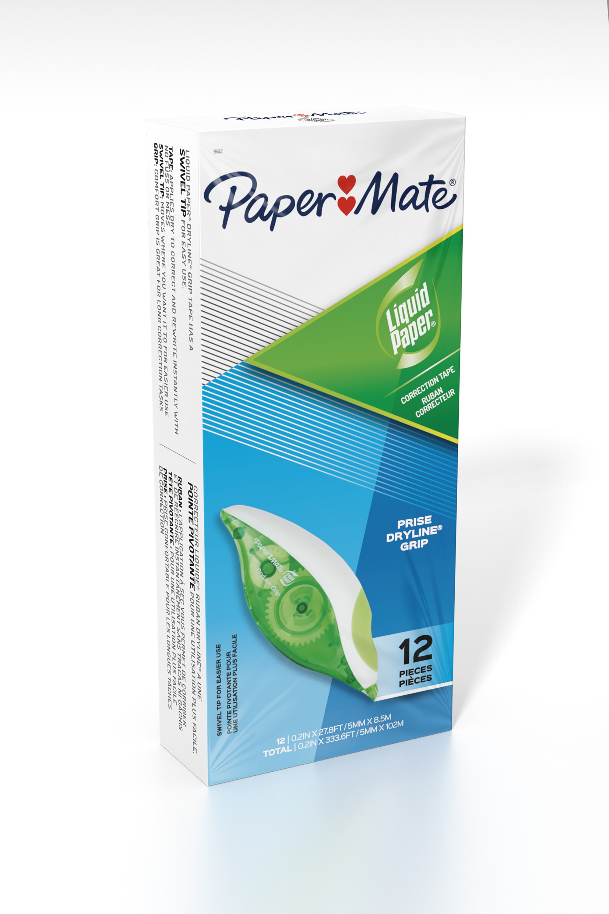 Paper Mate Liquid Paper DryLine Grip Correction Tapes, Green Dispensers, 12 Count