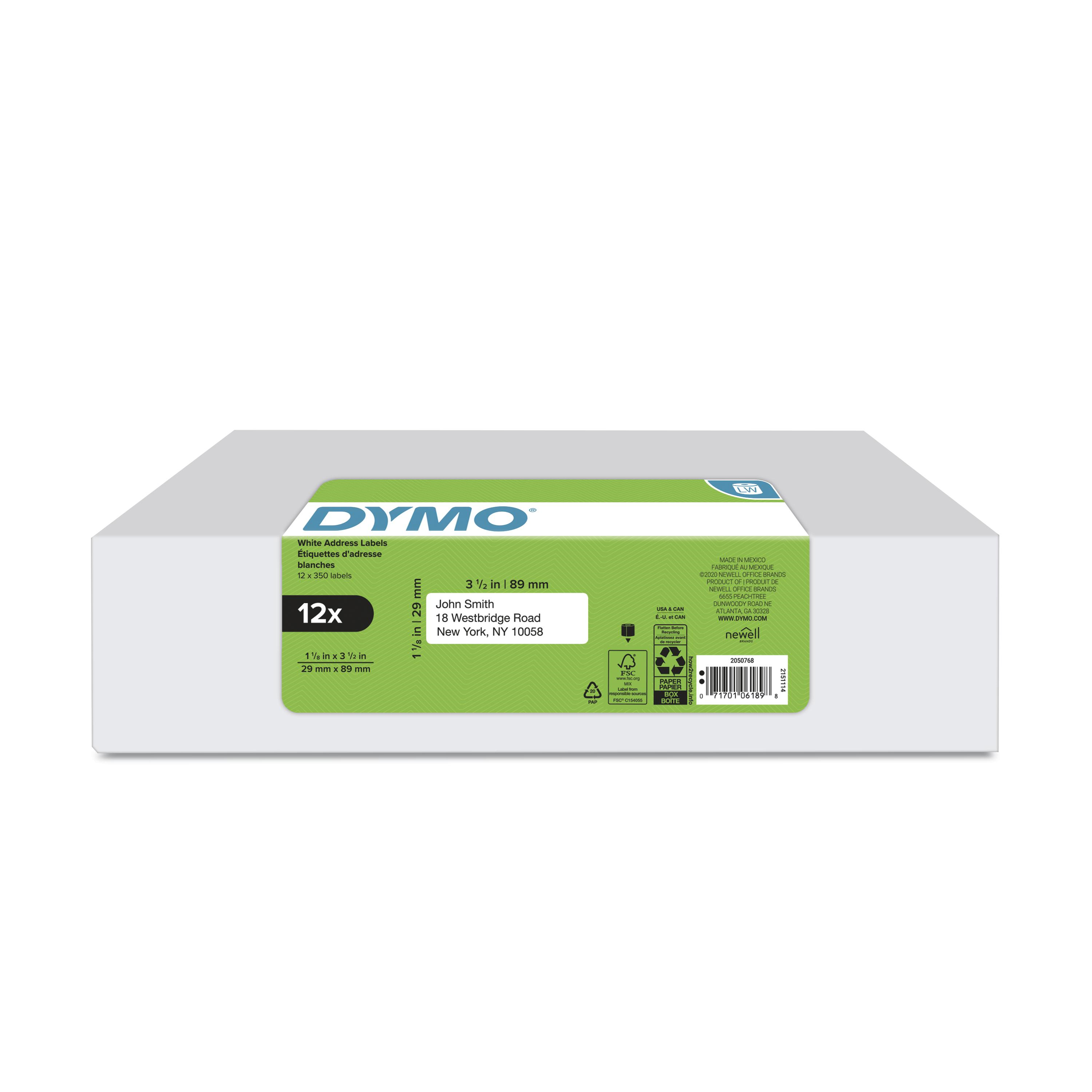 DYMO Authentic LW Mailing Address Labels for LabelWriter Label Printers, White, 1-1/8" x 3-1/2", 12 rolls of 350 (4200 T