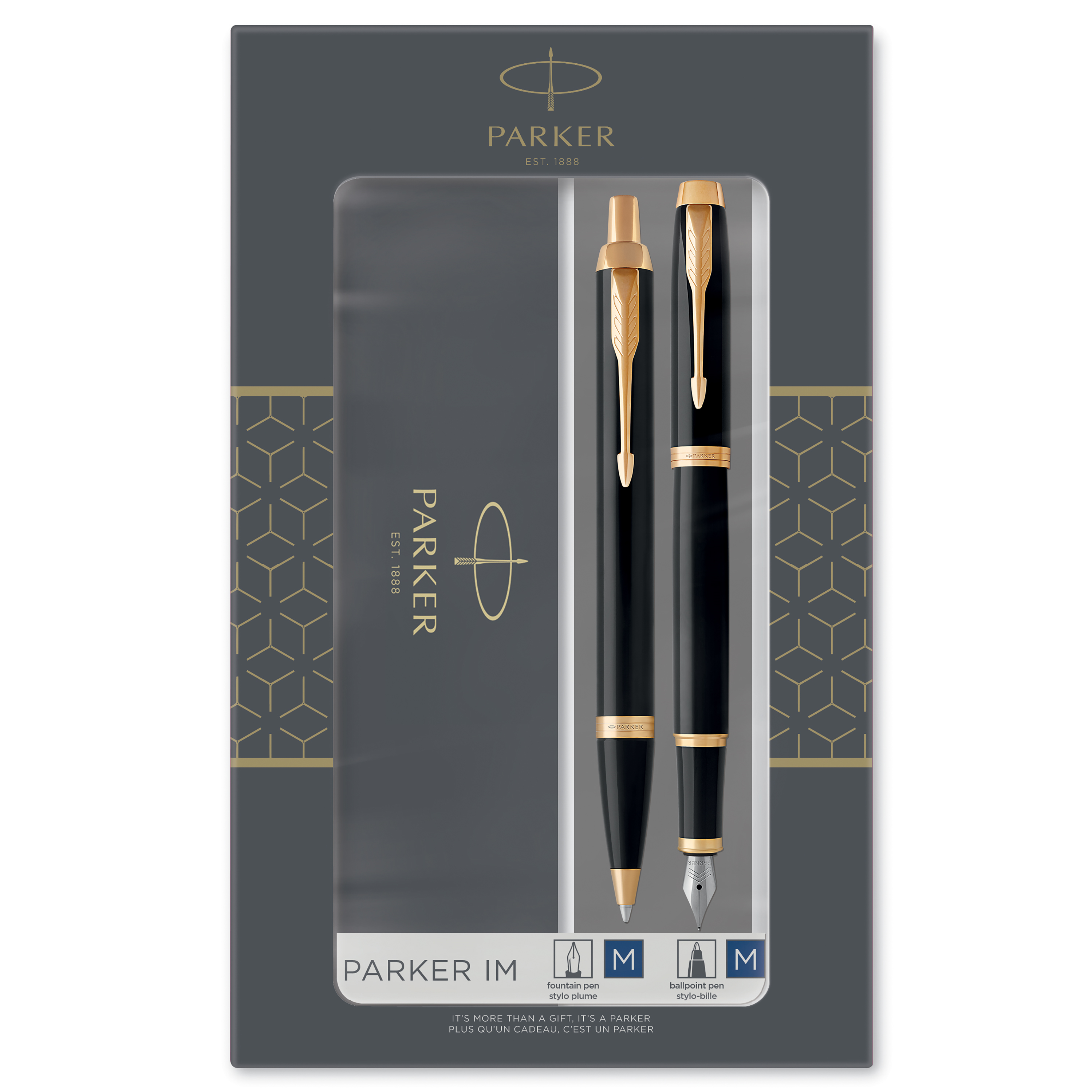 Parker IM Duo Gift Set with Ballpoint Pen & Fountain Pen | Gloss Black with Gold Trim | Blue Ink Refill & Cartridge | Gi