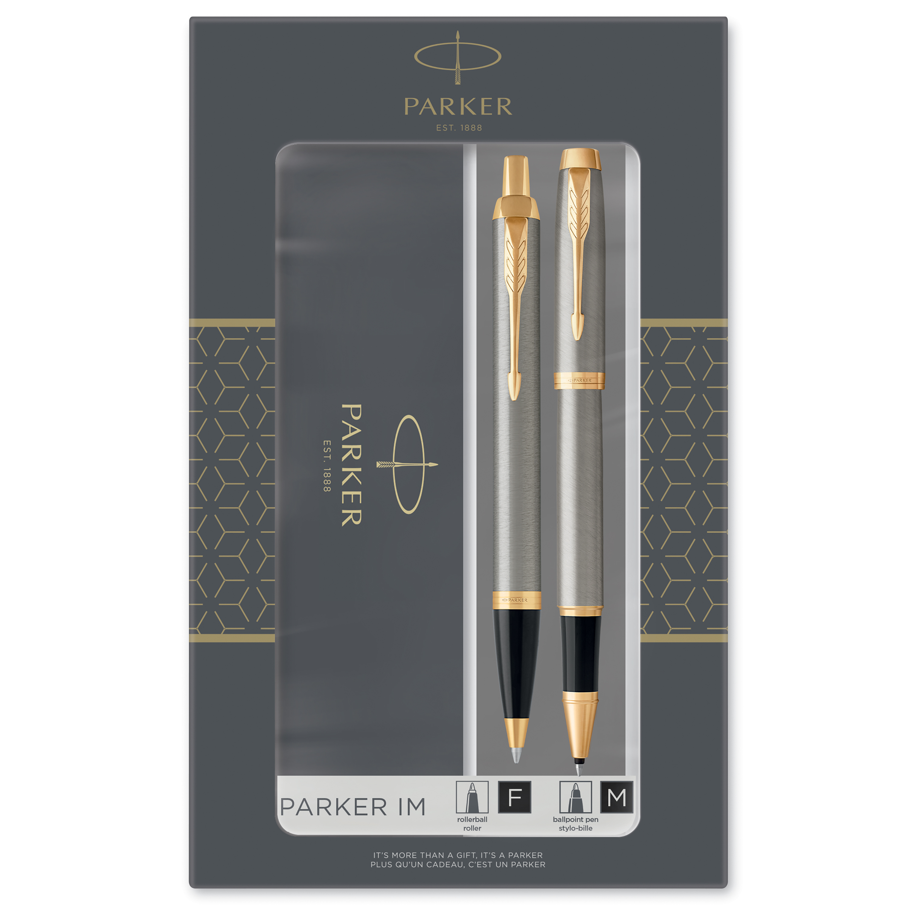 Parker IM Duo Gift Set with Ballpoint Pen & Rollerball Pen | Brushed Metal with Gold Trim | Black Ink Refill & Cartridge